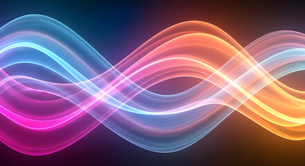 Abstract glowing waves of light in pink, blue, and orange on a dark background.