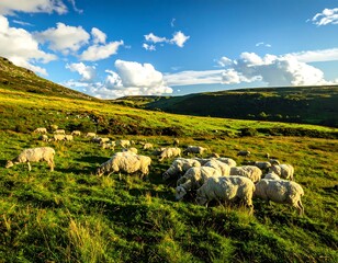 Sheep grazing in a lush valley under a bright sky