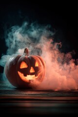 Glowing jack-o'-lantern with eerie smoke on halloween night