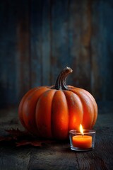 Rustic pumpkin and candle on wooden table in warm autumn evening setting