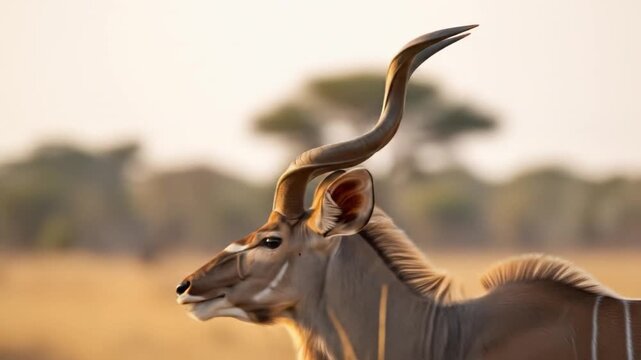 A kudu stands in front of a blurred background of trees and a field