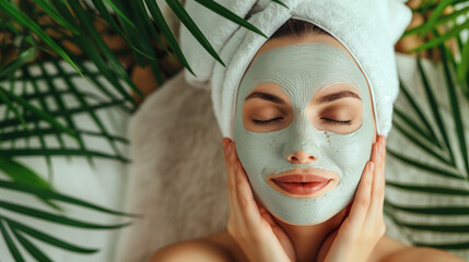 Uma mulher com m&aacute;scara facial relaxando.