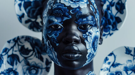 Retrato de uma mulher com a pele pintada em padr&atilde;o de porcelana azul e branca.