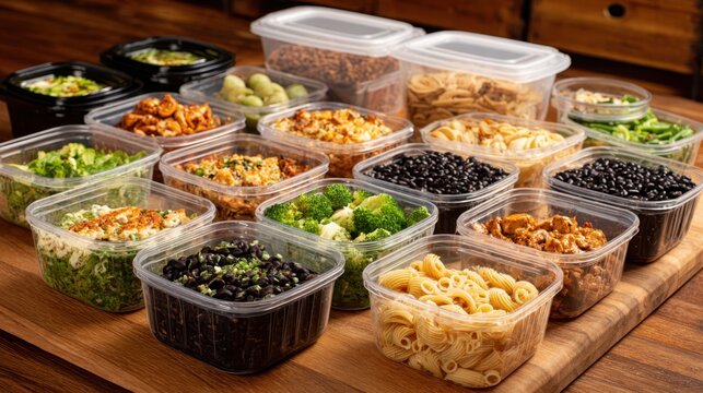 Grabandgo meal prep featuring a variety of sealed containers with assorted meals main container clearly focused for quick dining options.