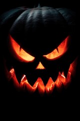 Fototapeta premium Glowing jack-o'-lantern with menacing expression in darkness