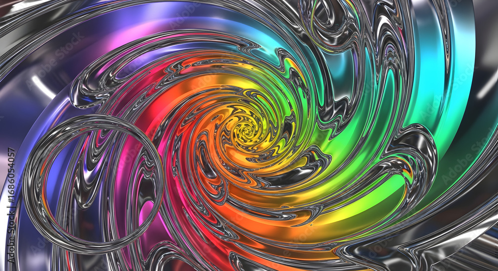 Poster abstract rainbow swirl with metallic accents, creating a mesmerizing visual effect.