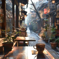 Cozy Outdoor CafÃ© Scene with Coffee and Greenery