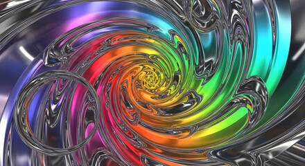Abstract rainbow swirl with metallic accents, creating a mesmerizing visual effect.