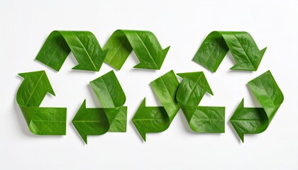 Obraz premium Green Leaves Forming Recycle Symbols Flat Lay