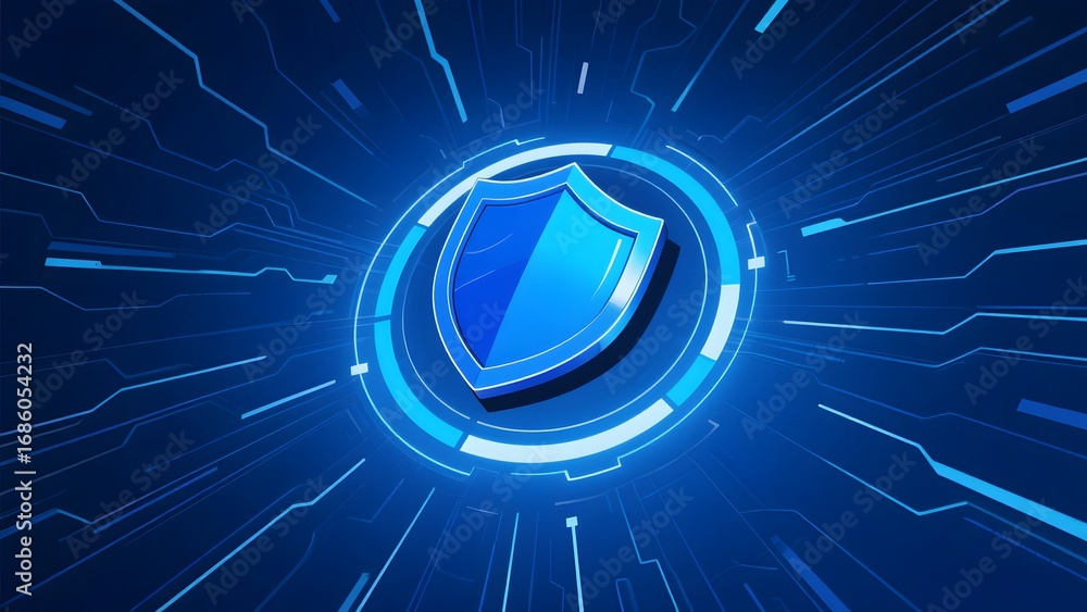 Poster blue shield icon with circuit patterns on a radiant background
