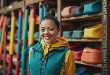 Seasonal coordinator smiling beside colorful recreation equipment storage