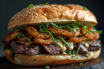 steak sandwich with fried onions, arugula, and garlic aioli
