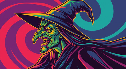 A stylized and sinister psychedelic illustration of a wicked witch with a long nose and sharp teeth, set against a swirling vortex of vibrant purple, blue, and red.