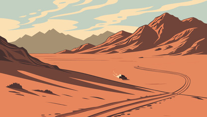 Naklejka premium Desert Landscape with Vehicle and Mountain Range Adventure Travel Illustration Off-Road Journey.
