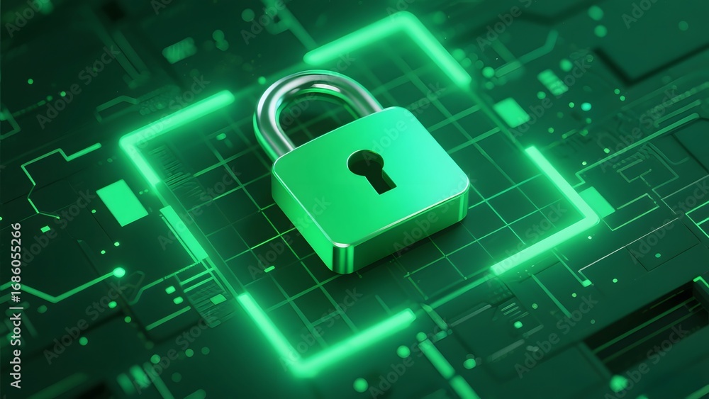 Poster digital security concept with a locked padlock on circuit board background