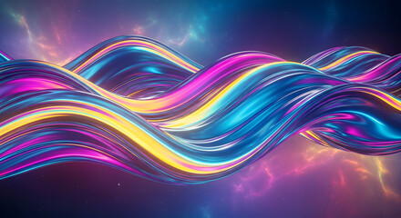 Abstract multicolored waves with a glossy, futuristic look, illuminated by neon lights.