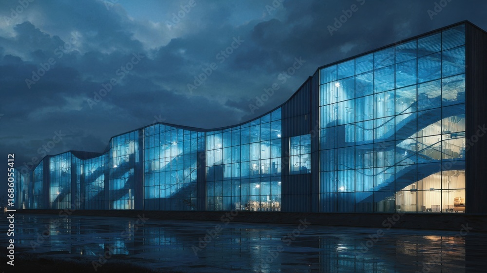 Poster the exterior of an innovative factory building featuring large windows illustrating the assembly pro