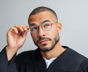 Obraz premium A thoughtful man in a graduation gown, adjusting his glasses, gazes upward in contemplation.