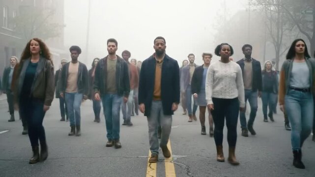 Telepathic Crowd Moves as One Through Fog Street