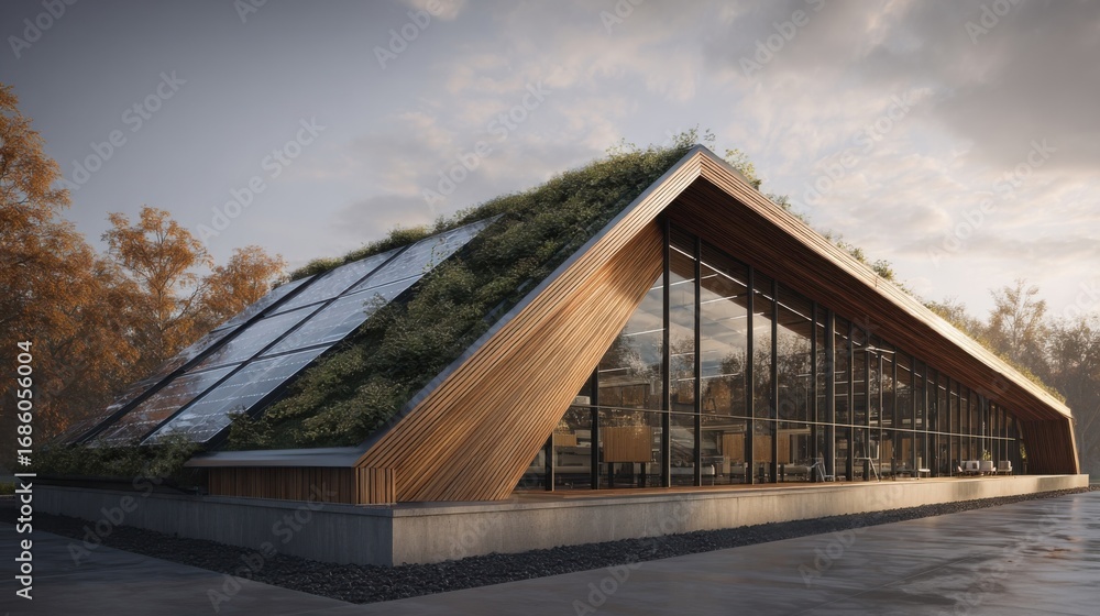 Poster a side profile of the microplant structure capturing the sleek modern architecture with solar panels