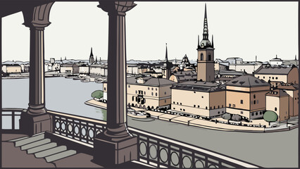 Obraz premium Elevated View of European Cityscape with River and Architecture.