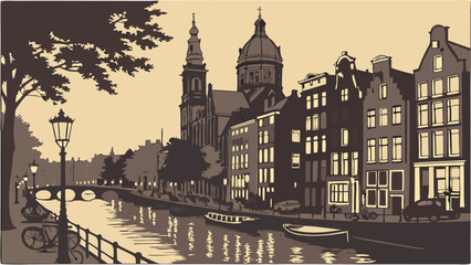 Fototapeta premium European City Canal Scene at Dusk Vintage Style Illustration Architecture Travel Transportation.