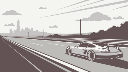 Naklejka premium Fast Sports Car Driving on Highway Towards City Skyline Illustration.