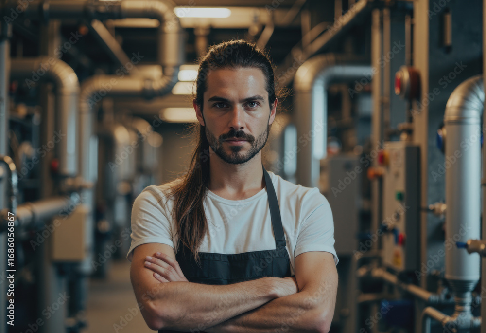 Poster building engineer confidently standing in a mechanical systems area