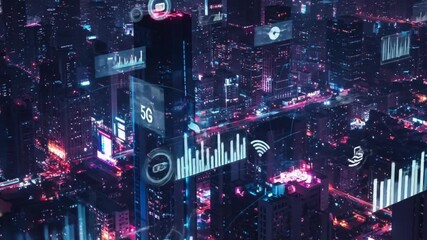 A futuristic city with data overlays including 5G icon atop buildings at night - Powered by Adobe