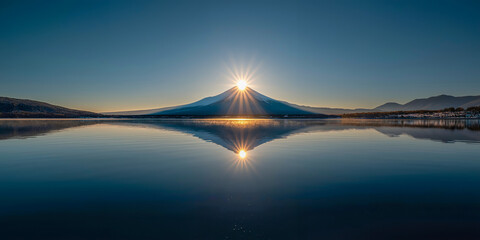 富士山と湖面に映るダイヤモンド富士のご来光