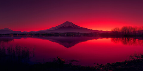 赤く染まる富士山と湖面の幻想的な風景
