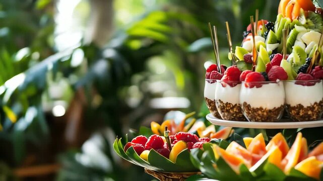 Colorful fruit and yogurt parfait display