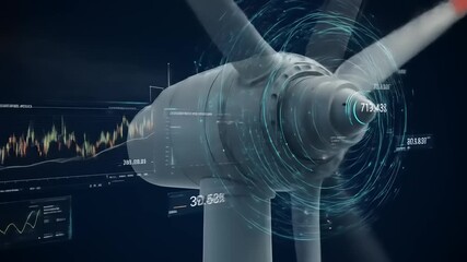 Modern wind turbine with digital analytics display, showcasing energy production data and graphs - Powered by Adobe