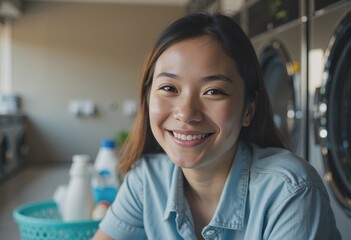 Smiling woman at a laundry care center near the washing area and drying station