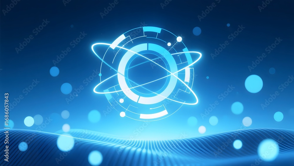Poster futuristic circular design with glowing rings and bokeh on blue gradient background