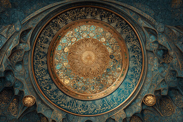 Obraz premium Detailed ceiling design with geometric patterns and calligraphy in a historic building