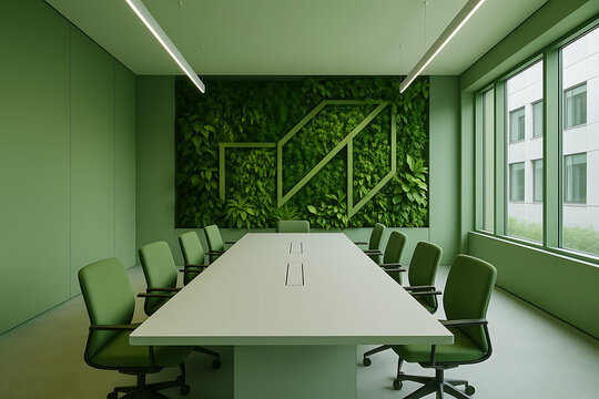 conference room green living. A modern conference room featuring green decor, a large white table, and comfortable chairs, highlighting a biophilic design with living plant walls.