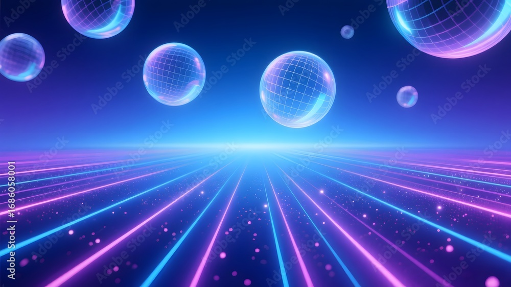 Poster retro futuristic scene with neon lines and floating spheres