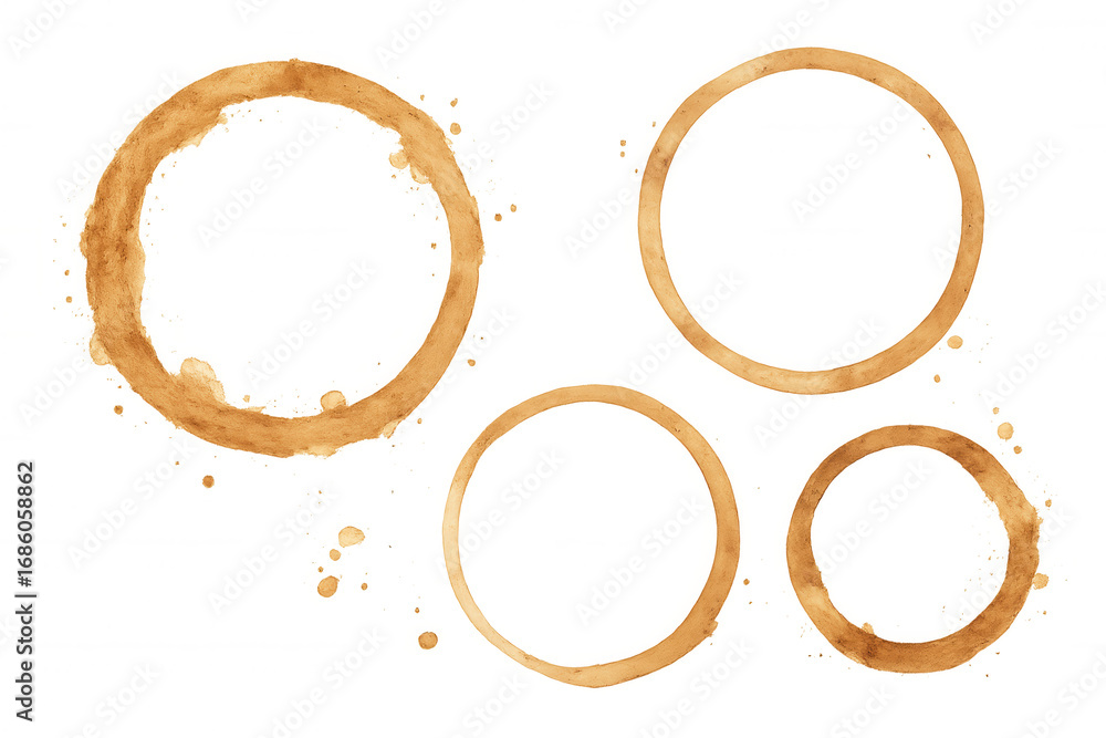 Poster circular patterns of coffee and tea stains on a transparent background for versatile design applicat