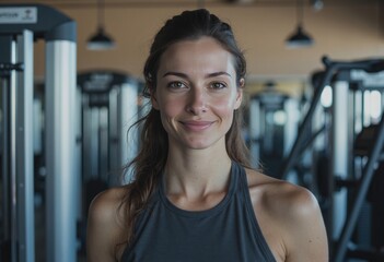 Recreation specialist smiling beside gymnasium equipment in a fitness center