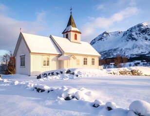 Snowy church nestled in mountains