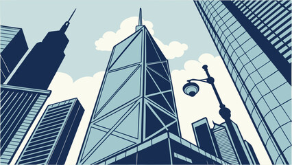 Fototapeta premium Low Angle View of Modern Skyscrapers and Cityscape Urban Architecture Illustration Blue and White Color Palette.