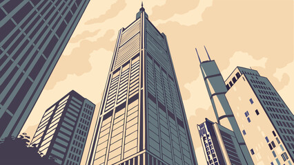 Low Angle View of Modern Skyscrapers Urban Cityscape Illustration Architectural Design Business District.