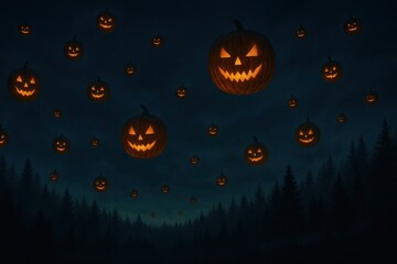 Fototapeta premium Eerie Halloween night with glowing pumpkins floating over a dark and spooky forest landscape