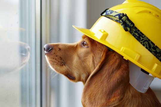Golden Retriever Puppy Wearing Construction Helmet Looking Out Window - Powered by Adobe