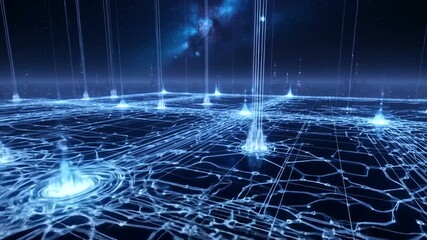 A futuristic digital landscape showcasing glowing grid patterns and cosmic background - Powered by Adobe