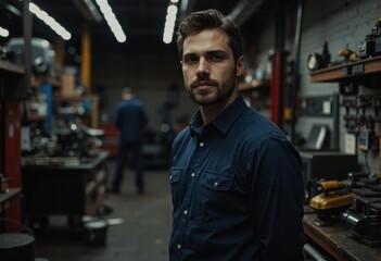 Obraz premium Repair shop specialist standing confidently beside workshop equipment