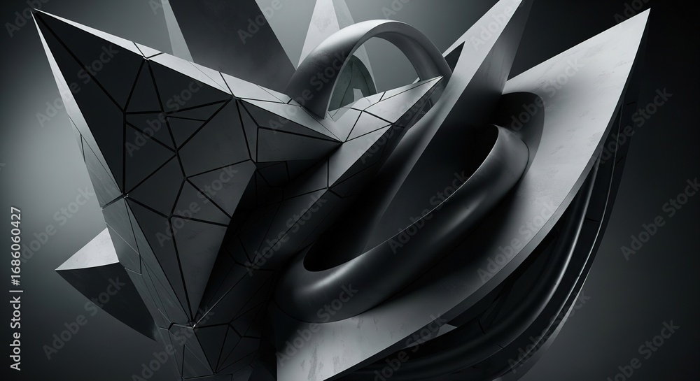Poster abstract geometric sculpture with triangular facets and curving