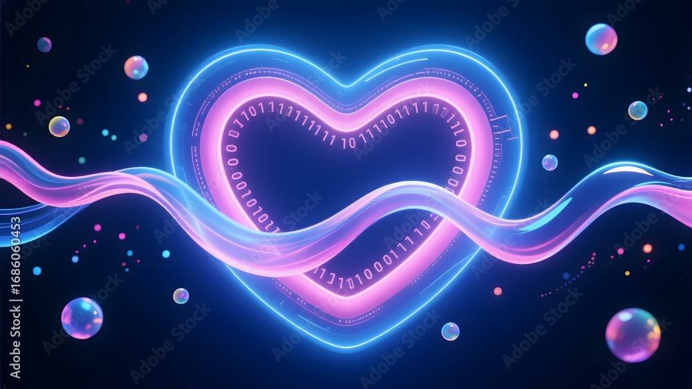 Aufkleber neon heart with binary code and flowing lines on a dark background