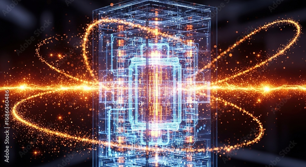 Aufkleber abstract glowing circuitry cube with golden particle streams on